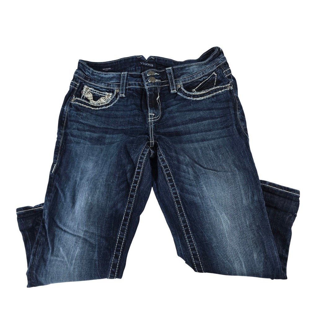 Vigoss Chelsea Capri‎ Jeans Dark Wash Embroidered Contrast Stitch Womens 13926